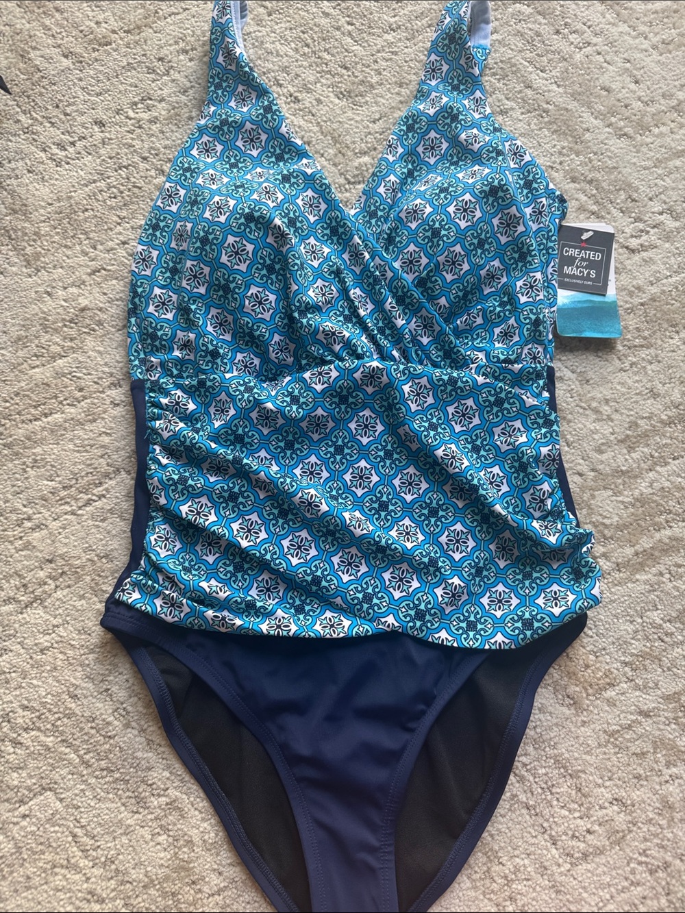 Swim Solutions Turquoise and Navy Tile-Print Wrap One-Piece Swimsuit